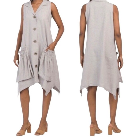 FORCYNTHIA Tops - Forcynthia Linen Dress Shark Bite Hem Asymmetrical Boho Lagenlook Artsy Large
